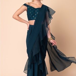 Teal/Navy Blue Ruffled Pre-Stitched Saree & Skirt - Size L - House of Indya